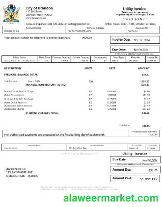 USA BRANDON MISSISSIPPI business utility bill Word and PDF template